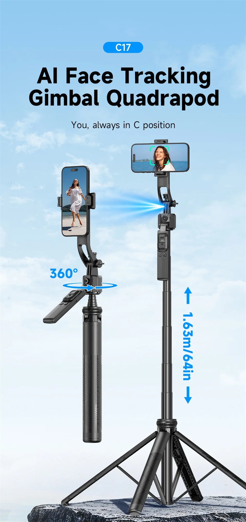 FGCLSY 5 in 1 Selfie Tripod Gimbal Stabilizer for Cell Phone 360°Auto-Rotation AI Tracking Shooting Quadrapod And Remote Control